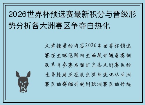 2026世界杯预选赛最新积分与晋级形势分析各大洲赛区争夺白热化
